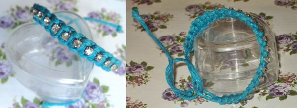 Pulseira macramê azul claro com strass pequenos