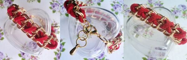Pulseira corrente dourada com couro fino vermelho