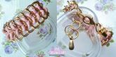 Pulseira de corrente dourada com trançado de fio rosa